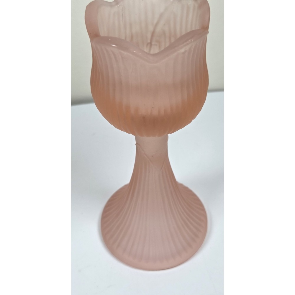 Light Pink Rose Frosted Glass Ribbed Stem Candle Holder‎ Rack Votive 6" Vintage